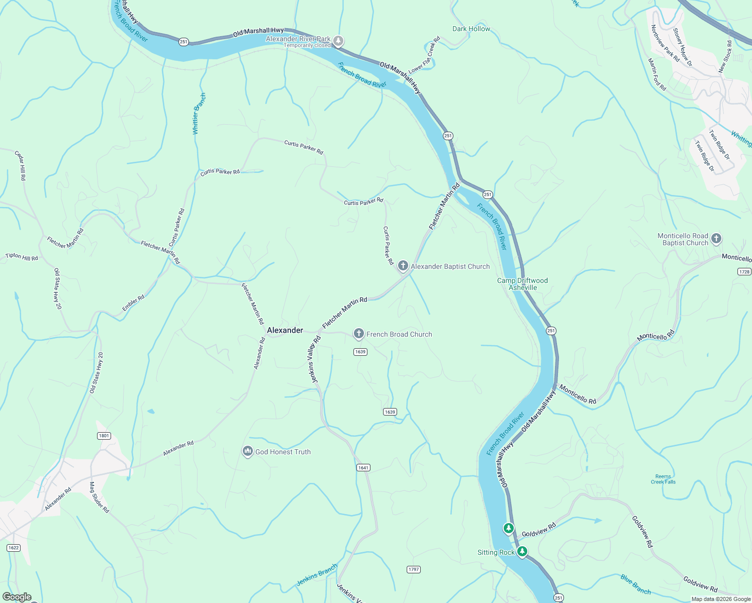 map of restaurants, bars, coffee shops, grocery stores, and more near 205 Fletcher Martin Road in Alexander