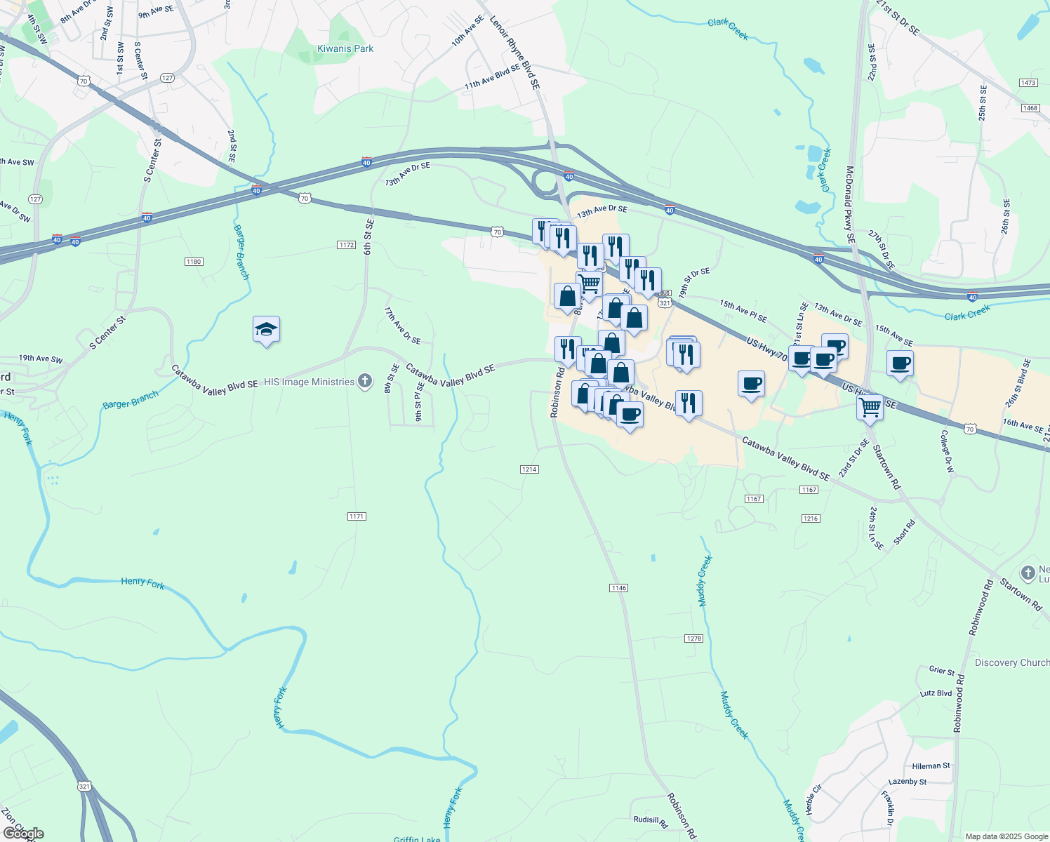 map of restaurants, bars, coffee shops, grocery stores, and more near 2505 Timberland Hills Drive in Newton