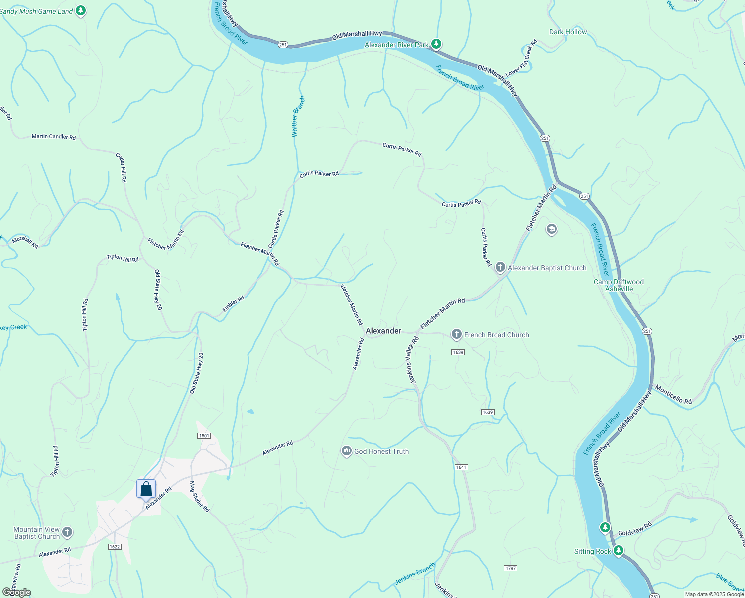 map of restaurants, bars, coffee shops, grocery stores, and more near in Alexander