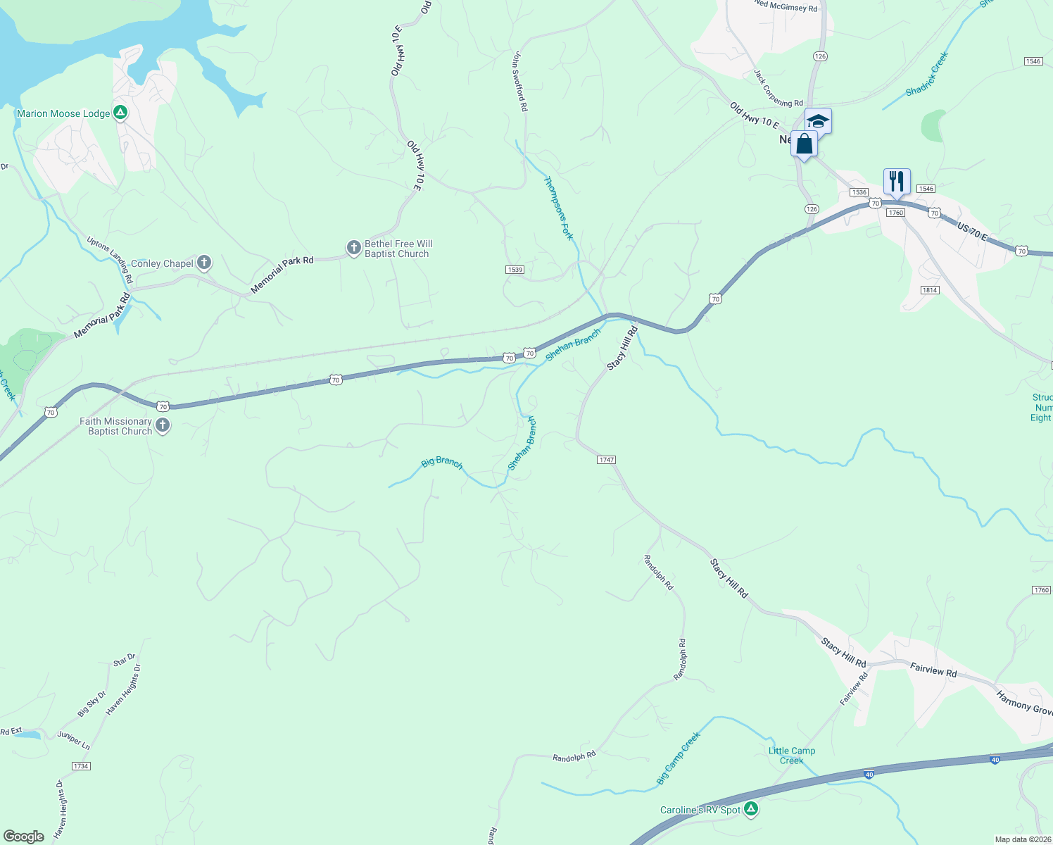 map of restaurants, bars, coffee shops, grocery stores, and more near 239 Hoppy Tom Hollow Road in Marion