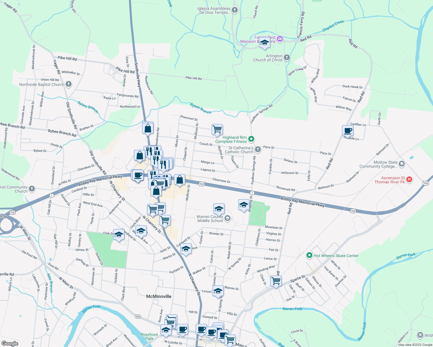 map of restaurants, bars, coffee shops, grocery stores, and more near 325 Lagoon Drive in McMinnville