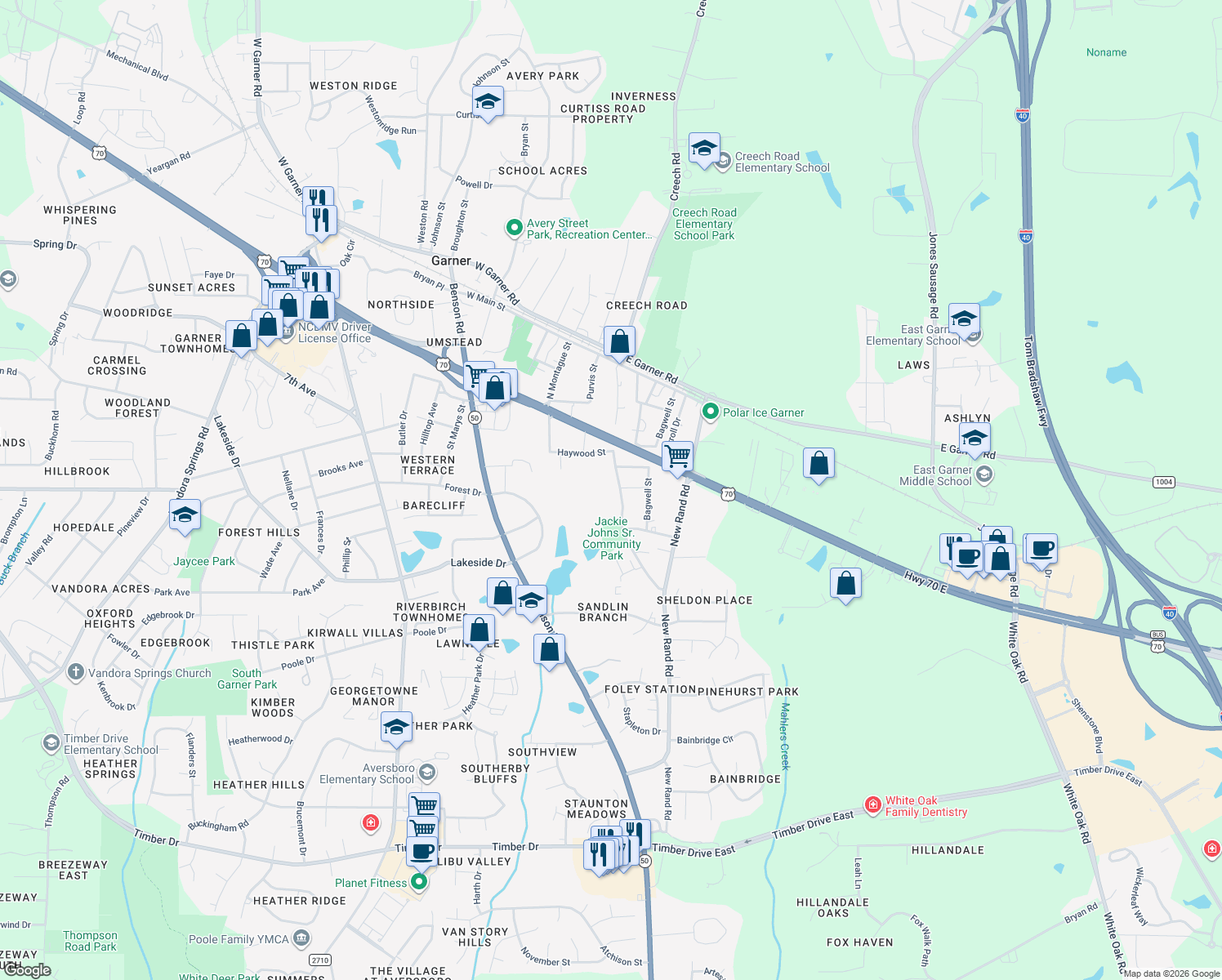 map of restaurants, bars, coffee shops, grocery stores, and more near 600 Rand Mill Road in Garner