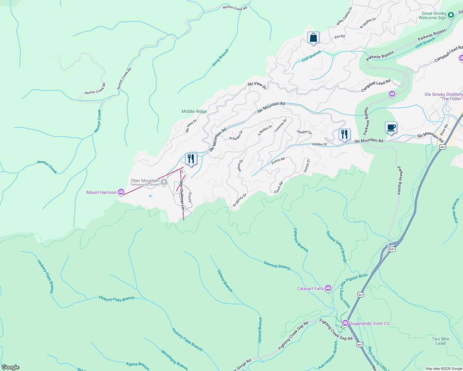 map of restaurants, bars, coffee shops, grocery stores, and more near 1559 Zermatt Drive in Gatlinburg
