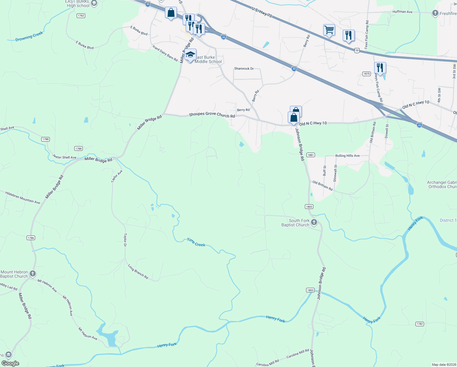 map of restaurants, bars, coffee shops, grocery stores, and more near 4178 Oakmont Lane in Hickory