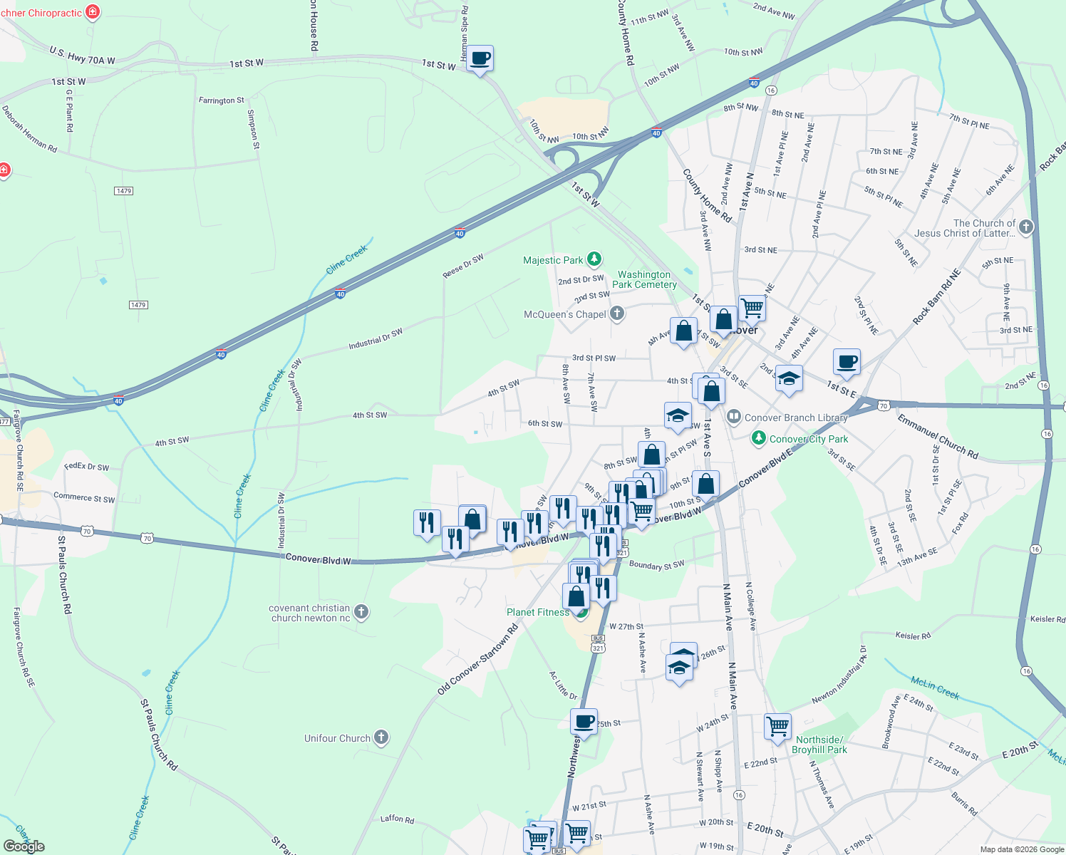 map of restaurants, bars, coffee shops, grocery stores, and more near 903 6th St SW in Conover