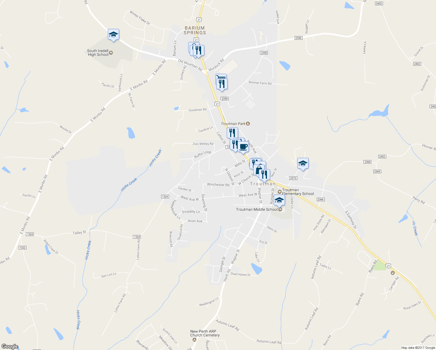 map of restaurants, bars, coffee shops, grocery stores, and more near 339 Mills Avenue in Troutman