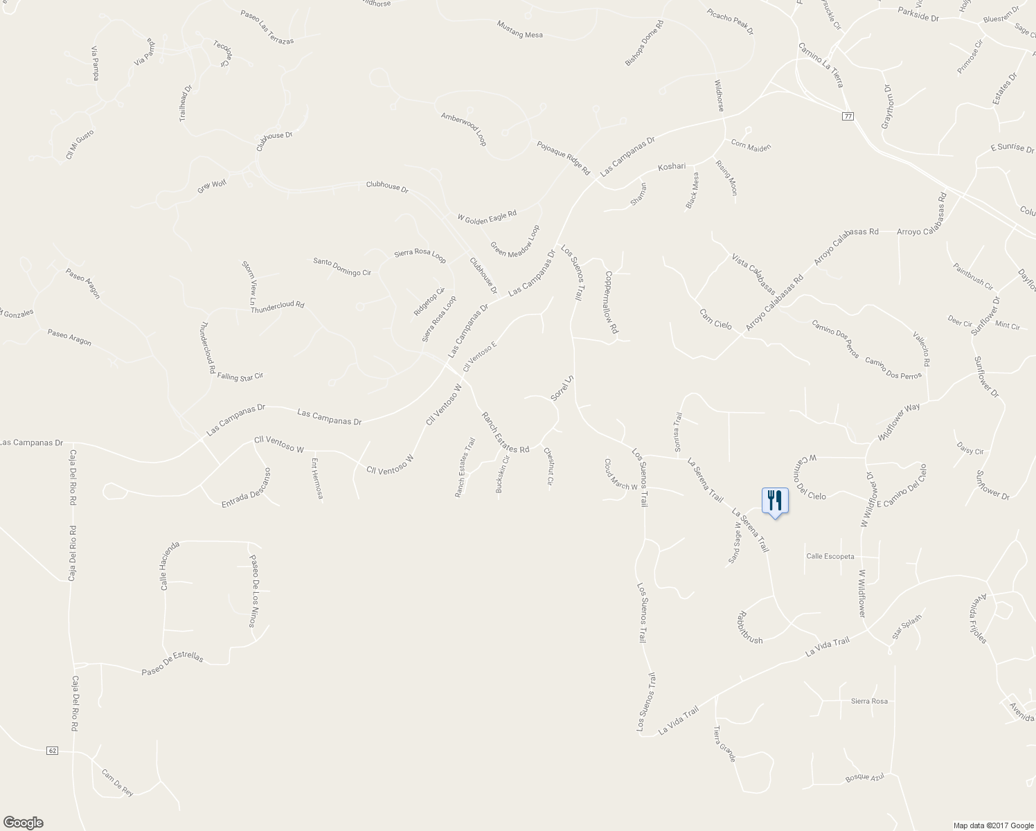 map of restaurants, bars, coffee shops, grocery stores, and more near 73 Ranch Estates Road in Santa Fe