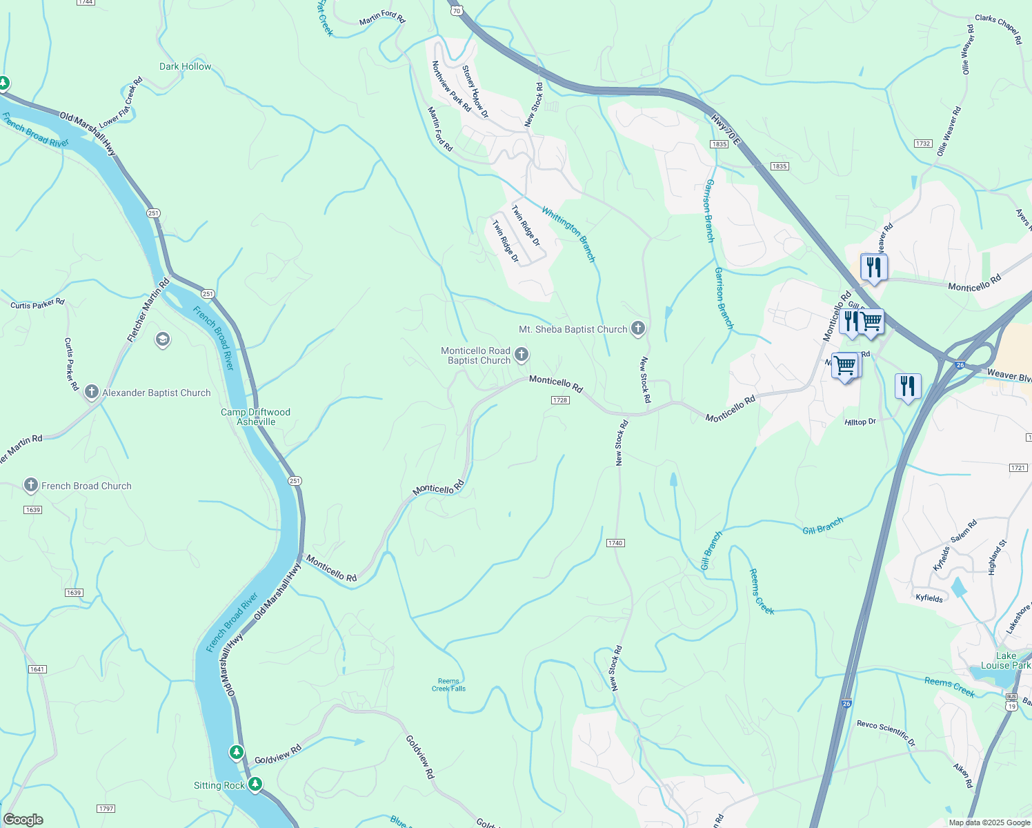 map of restaurants, bars, coffee shops, grocery stores, and more near 25 Parker Road in Weaverville