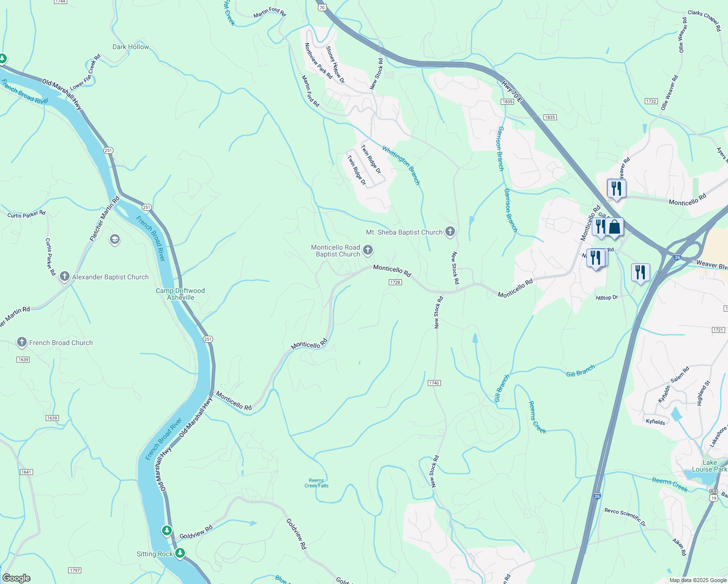 map of restaurants, bars, coffee shops, grocery stores, and more near 25 Parker Road in Weaverville