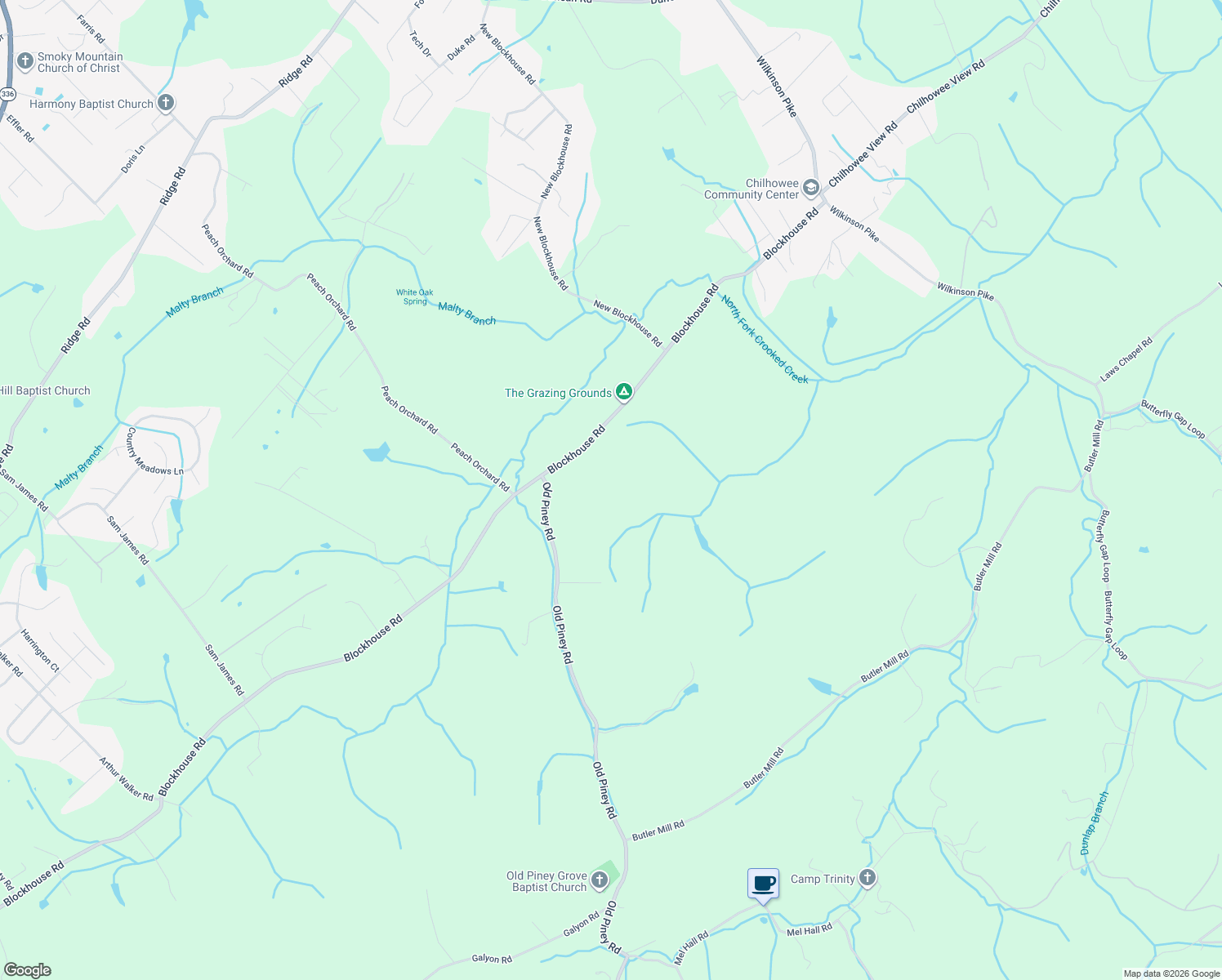 map of restaurants, bars, coffee shops, grocery stores, and more near 530 Blockhouse Road in Maryville