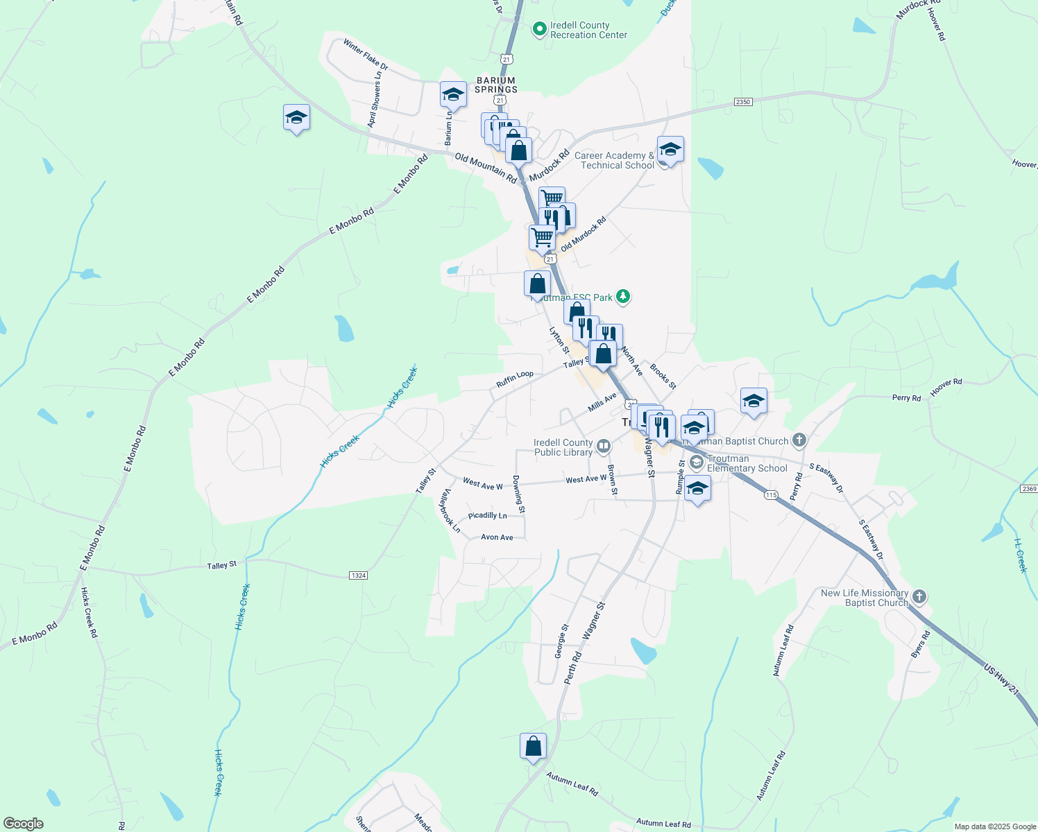 map of restaurants, bars, coffee shops, grocery stores, and more near 128 Starks Road in Troutman