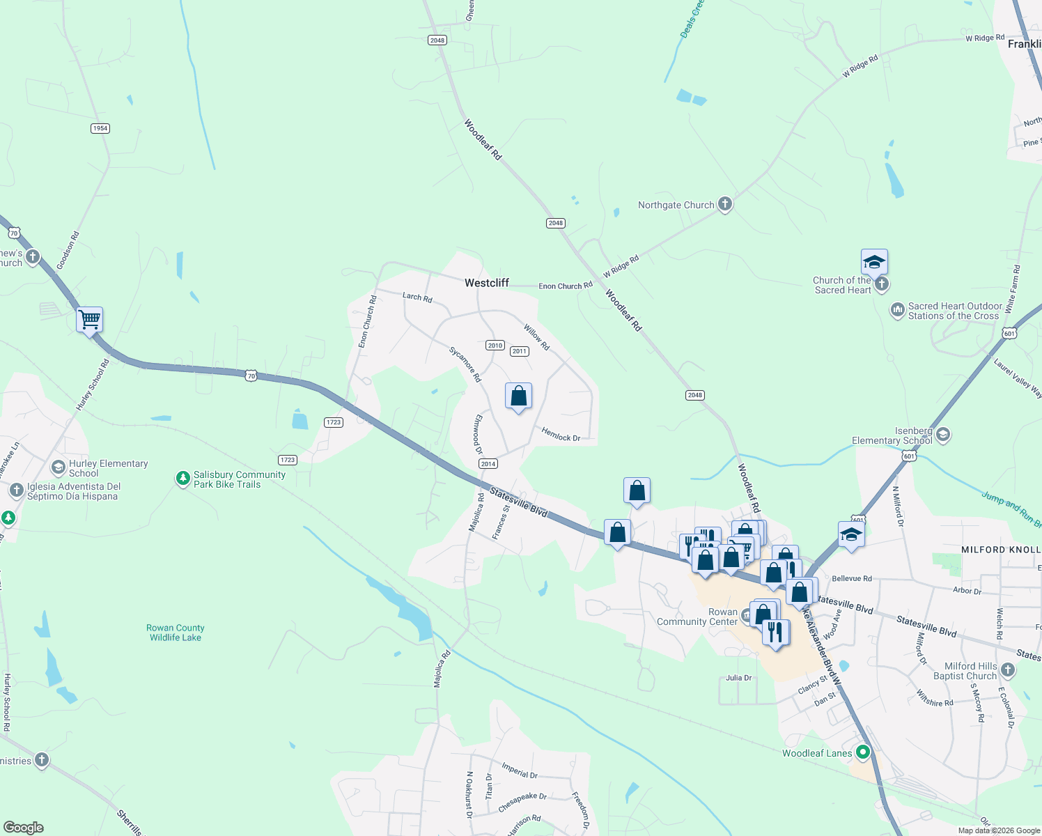 map of restaurants, bars, coffee shops, grocery stores, and more near Ashbrook Road in Salisbury