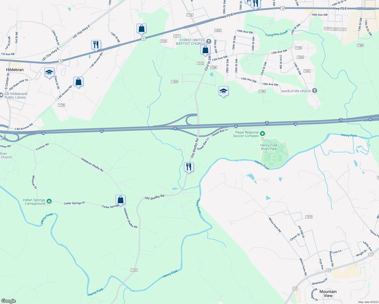 map of restaurants, bars, coffee shops, grocery stores, and more near 2618 Tico Road in Hickory