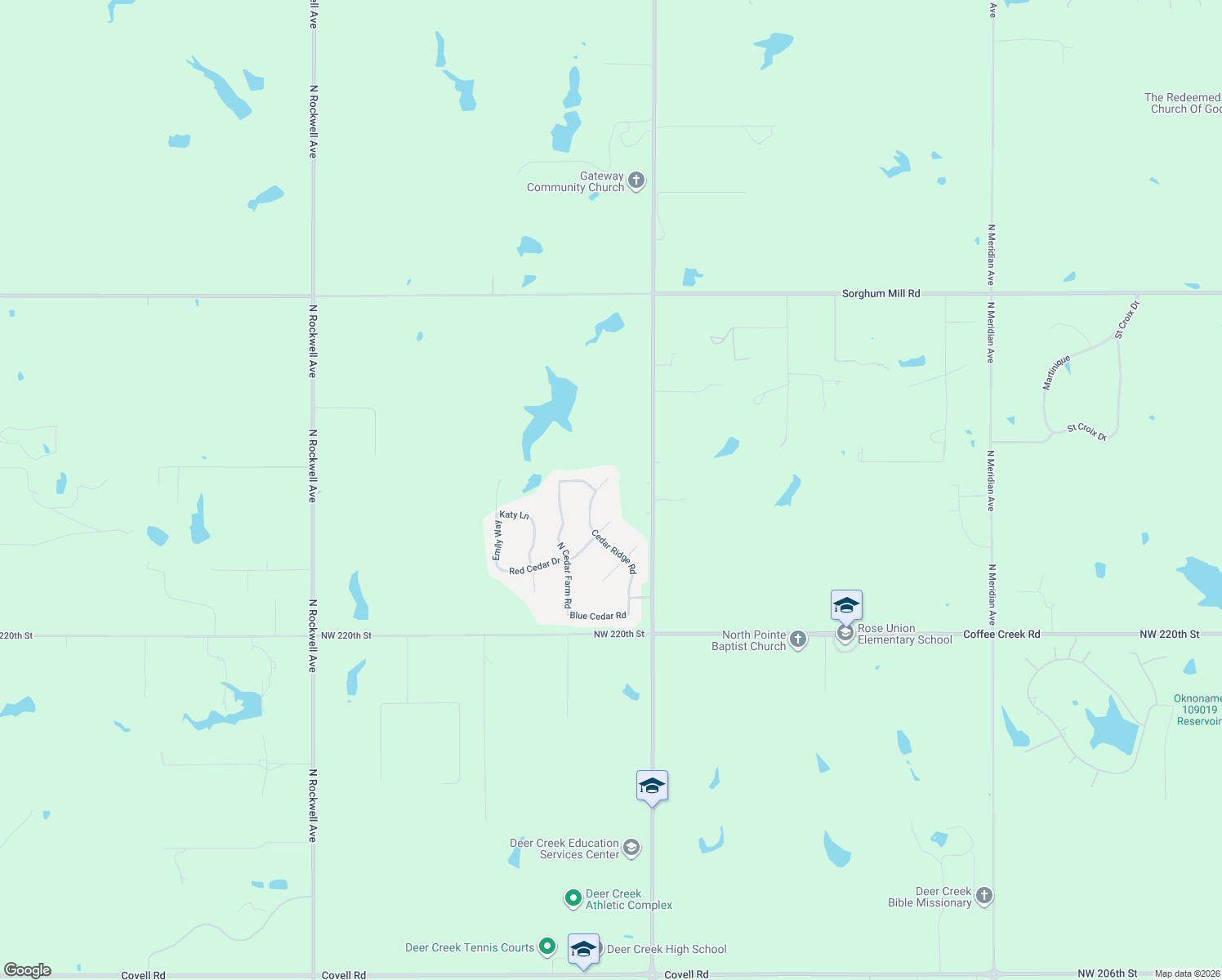 map of restaurants, bars, coffee shops, grocery stores, and more near 22800 Cedar Ridge Road in Edmond