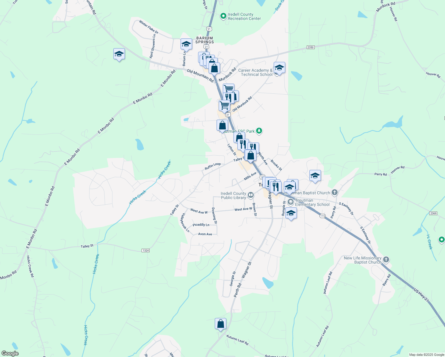 map of restaurants, bars, coffee shops, grocery stores, and more near 121 Starks Drive in Troutman