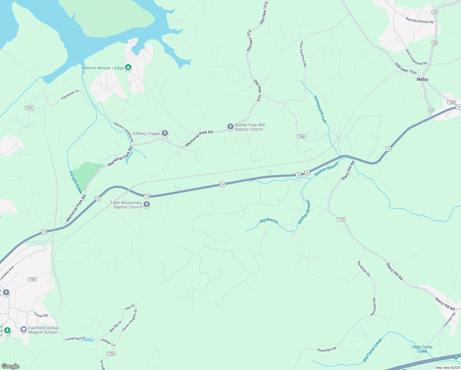 map of restaurants, bars, coffee shops, grocery stores, and more near 3360 US 70 East in Marion