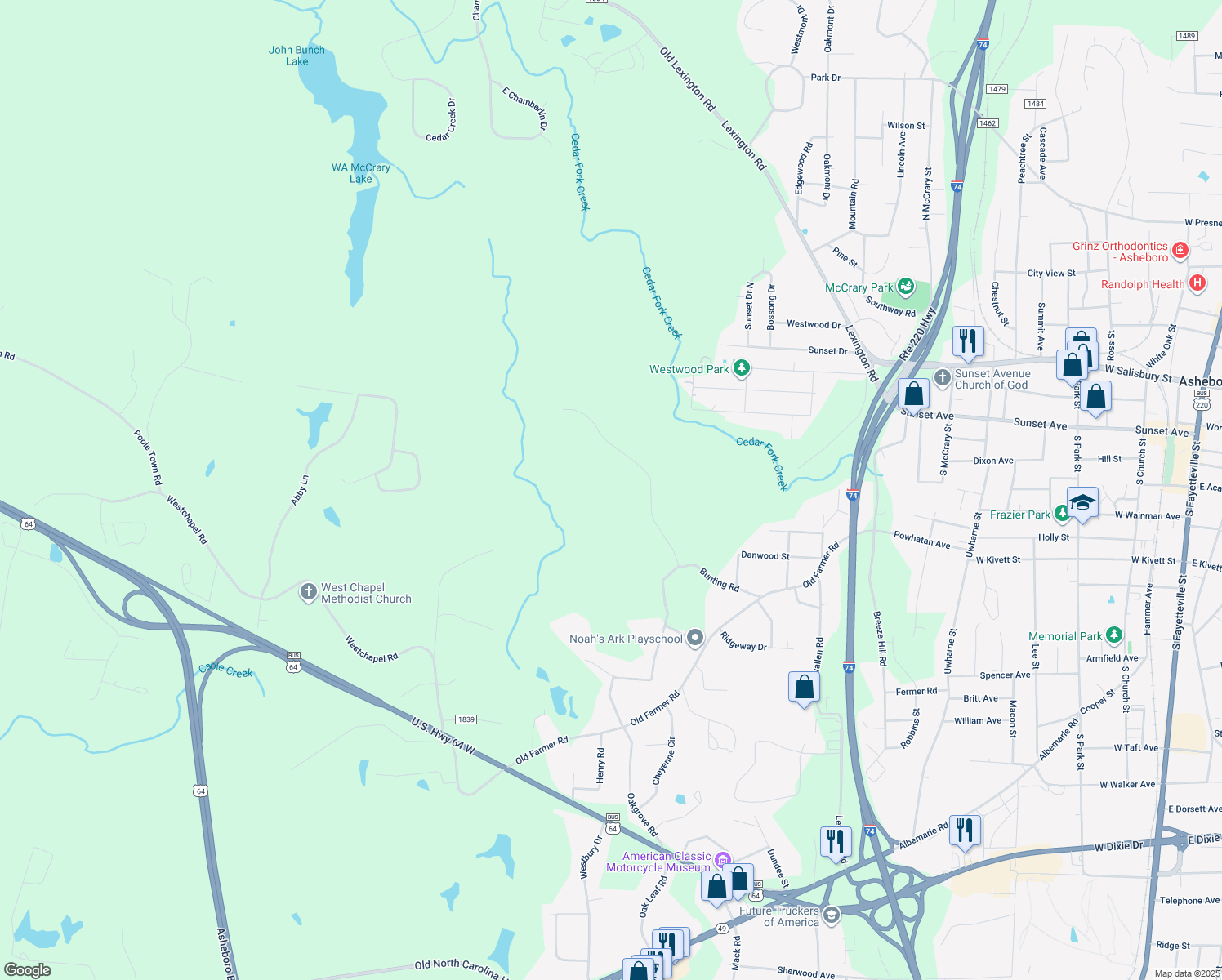 map of restaurants, bars, coffee shops, grocery stores, and more near 1185 Bunting Road in Asheboro