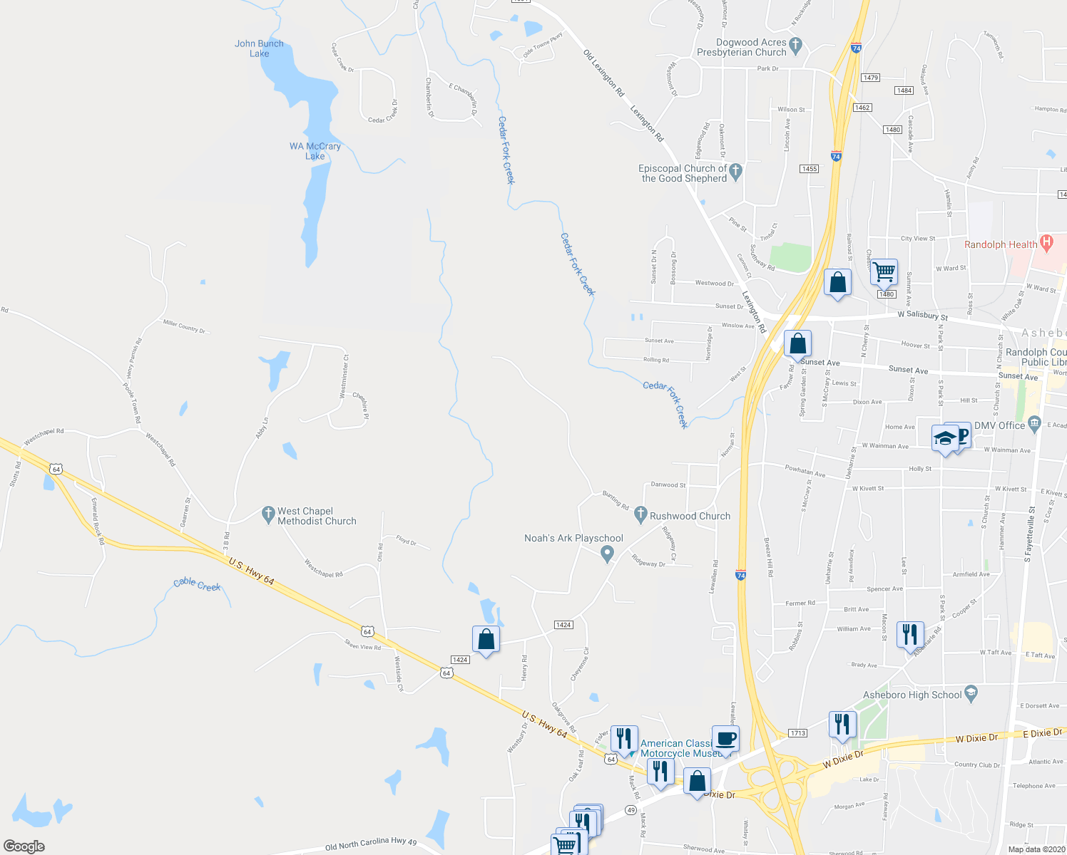 map of restaurants, bars, coffee shops, grocery stores, and more near 1185 Bunting Road in Asheboro