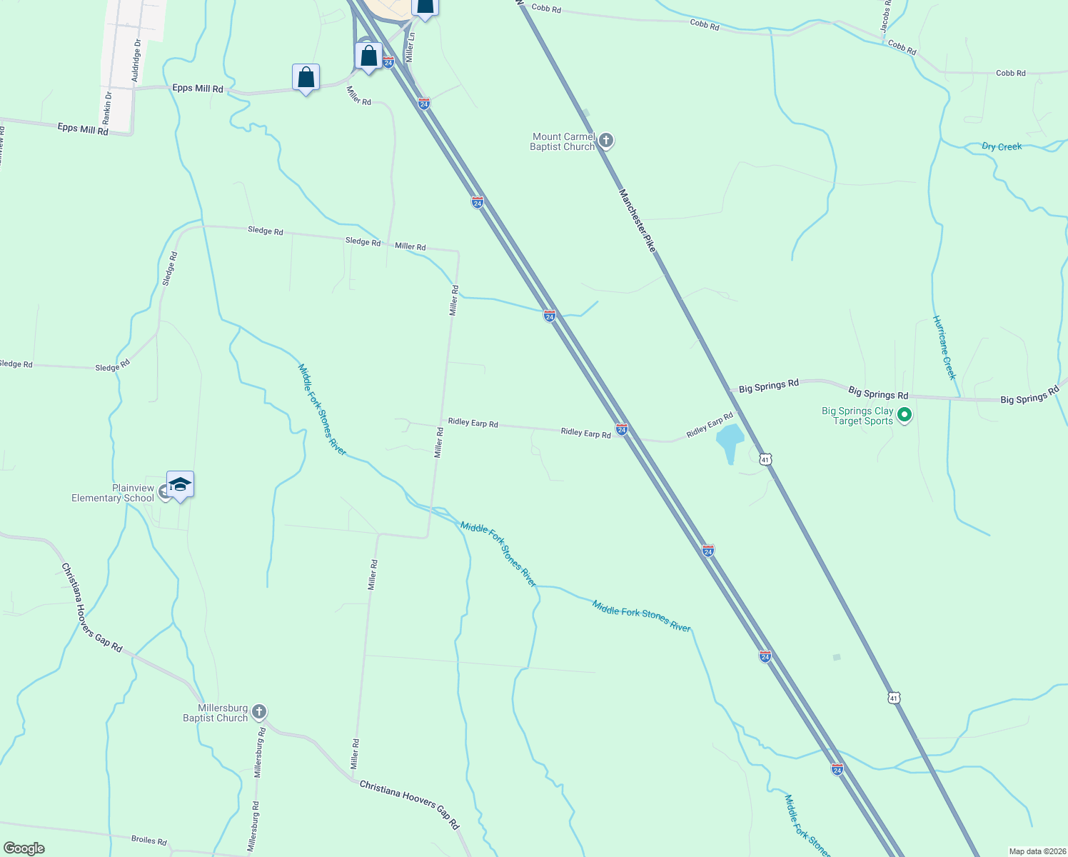 map of restaurants, bars, coffee shops, grocery stores, and more near 6834 Ridley Earp Road in Christiana
