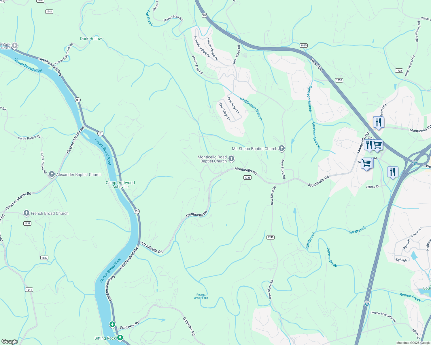 map of restaurants, bars, coffee shops, grocery stores, and more near 15 Monnie Jones Road in Weaverville
