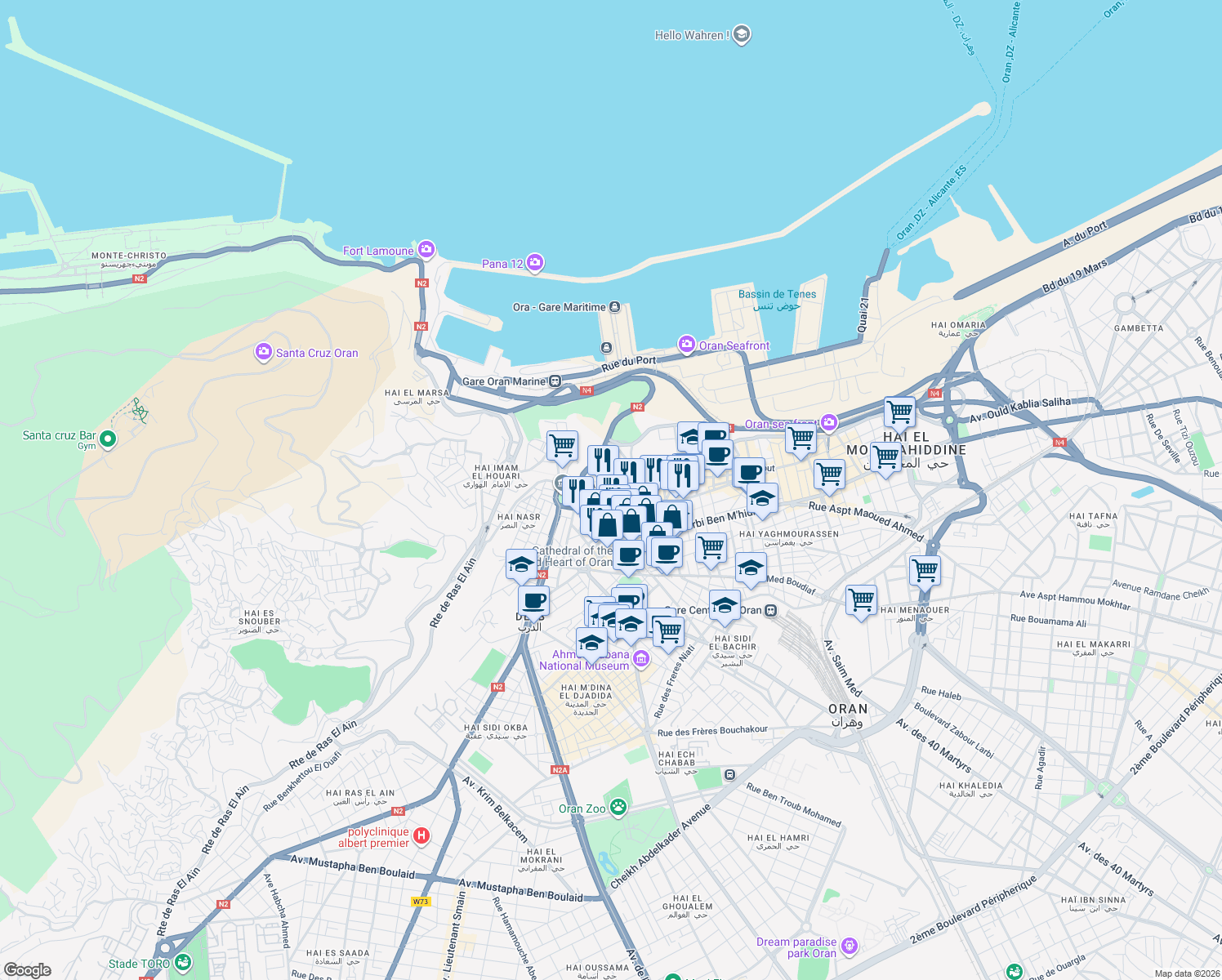 map of restaurants, bars, coffee shops, grocery stores, and more near Boulevard de la Soummam in Oran