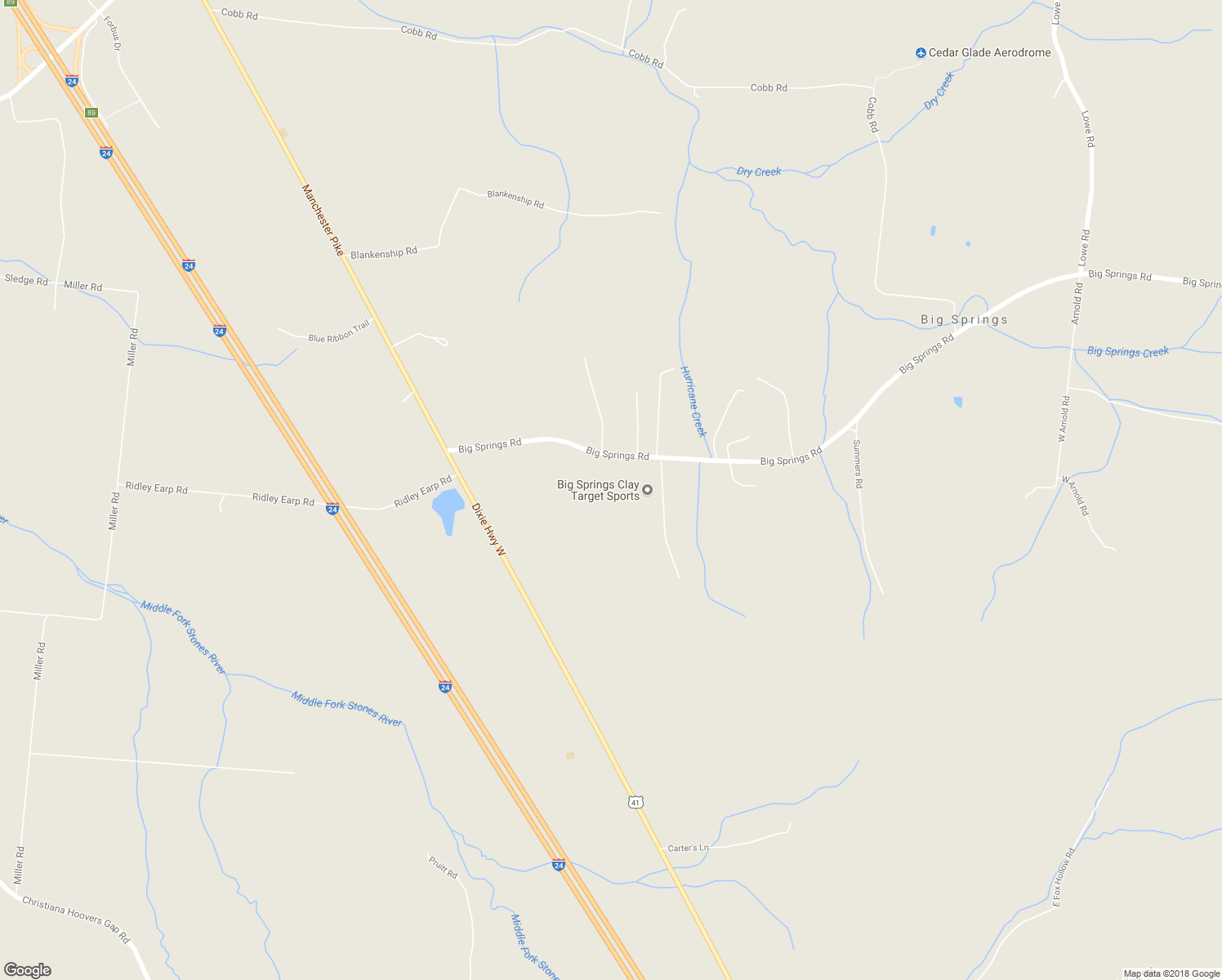 map of restaurants, bars, coffee shops, grocery stores, and more near 8600 Big Springs Rd in Rutherford