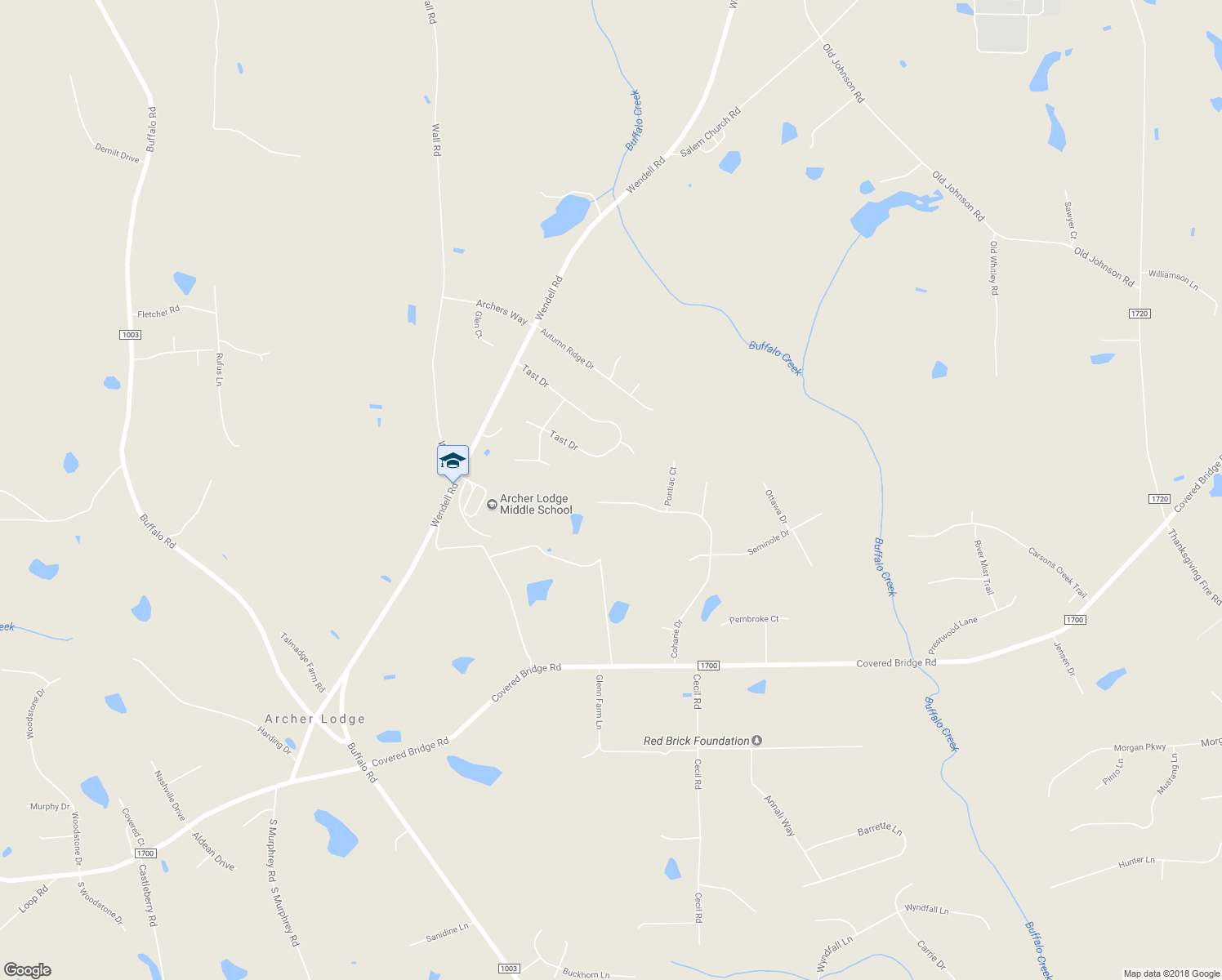map of restaurants, bars, coffee shops, grocery stores, and more near 502 Coharie Drive in Wendell