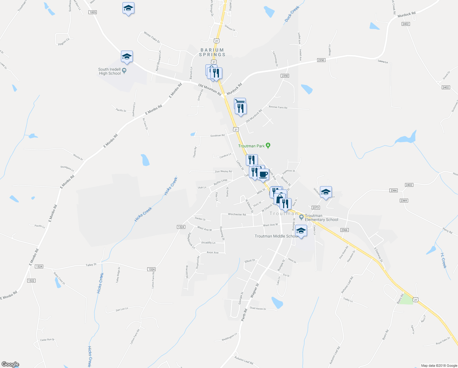 map of restaurants, bars, coffee shops, grocery stores, and more near 317 Talley Street in Troutman