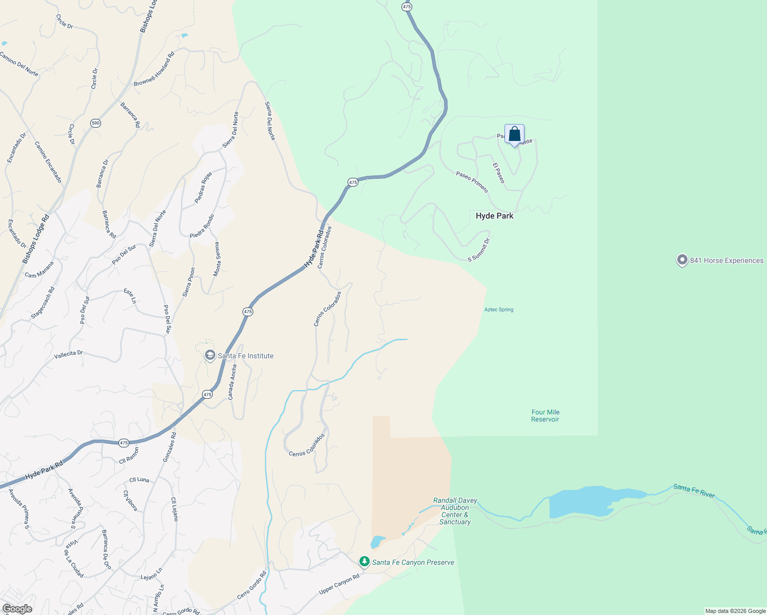 map of restaurants, bars, coffee shops, grocery stores, and more near 2605 South Summit Ridge in Santa Fe