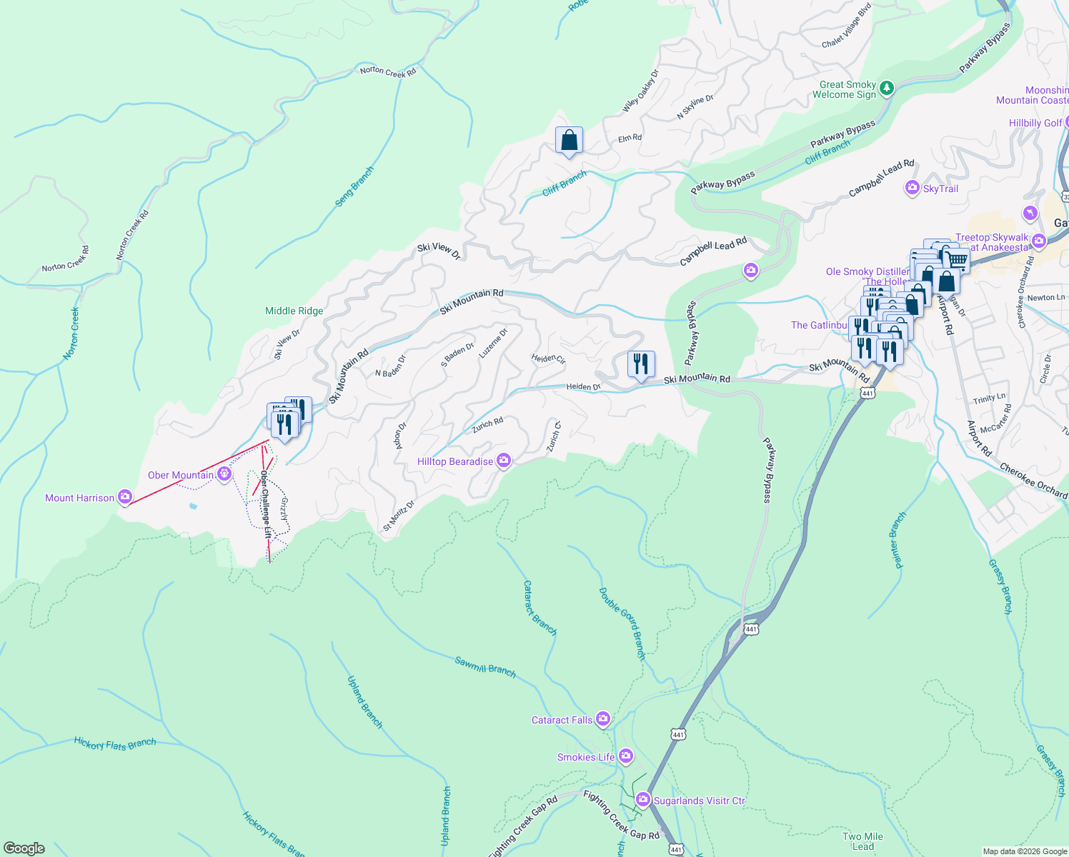 map of restaurants, bars, coffee shops, grocery stores, and more near 1835 Zurich Court in Gatlinburg