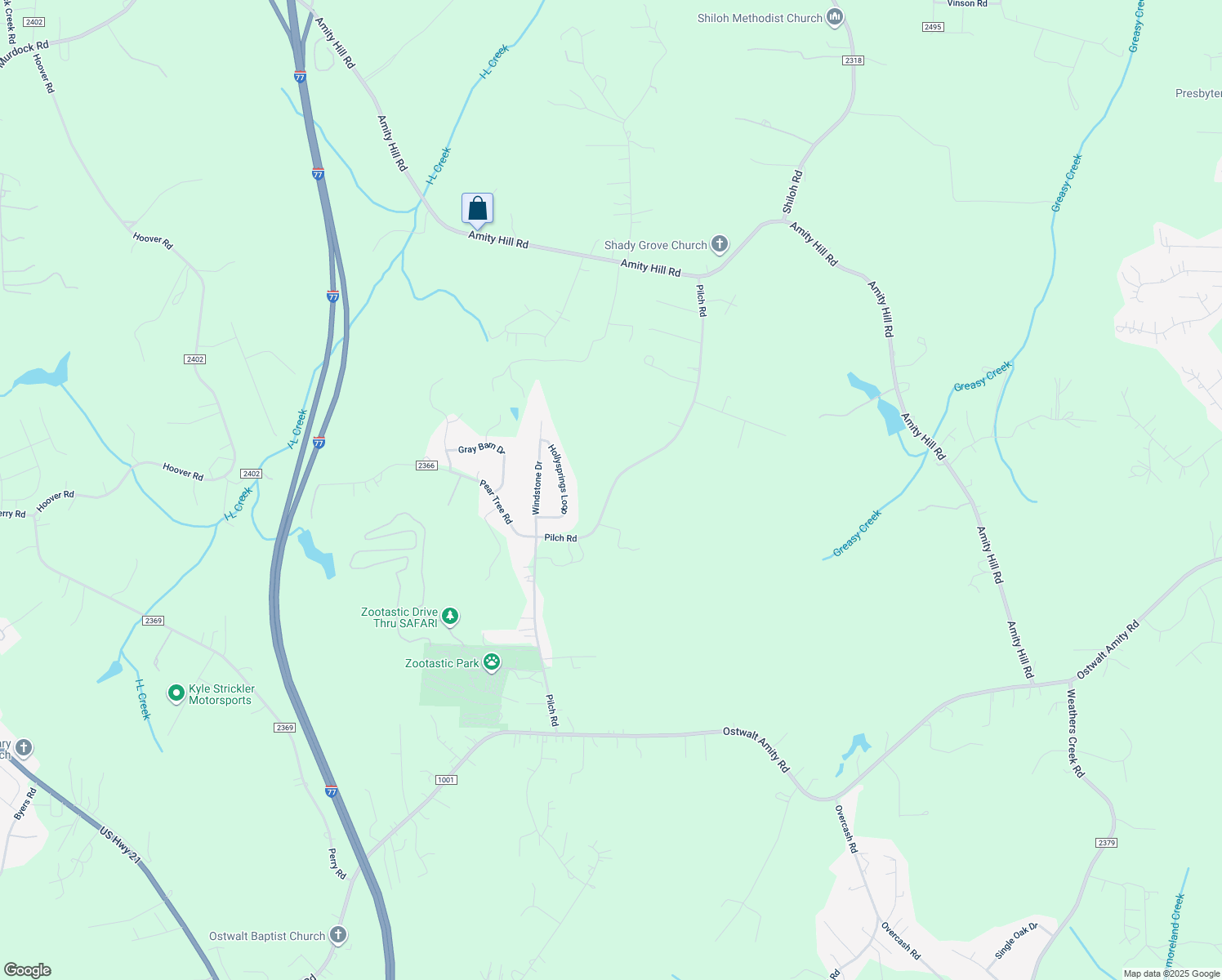 map of restaurants, bars, coffee shops, grocery stores, and more near Pilch Road in Troutman
