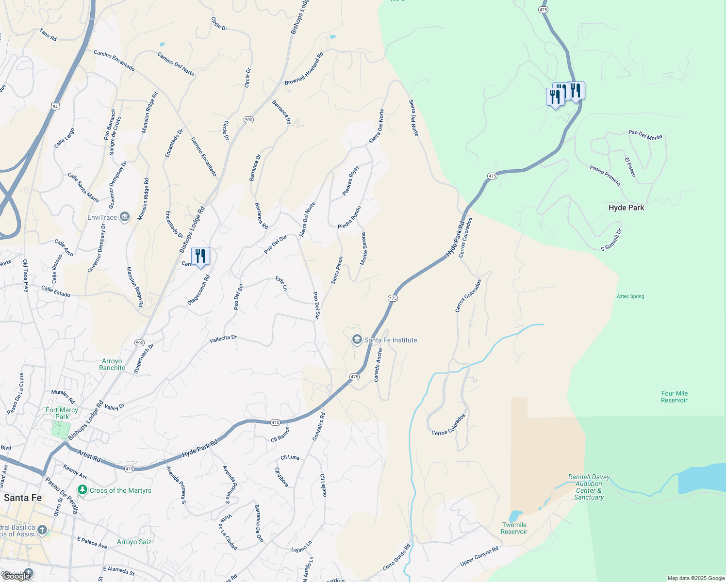 map of restaurants, bars, coffee shops, grocery stores, and more near 1009 Monte Verde in Santa Fe