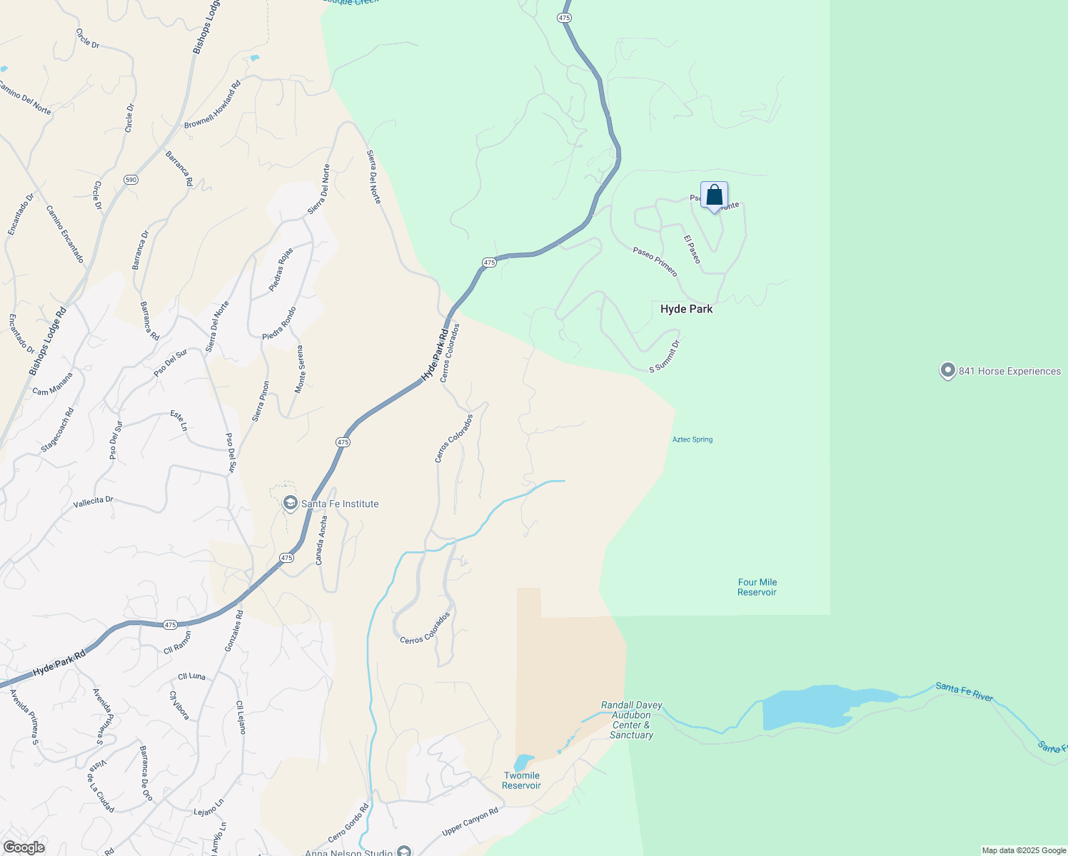 map of restaurants, bars, coffee shops, grocery stores, and more near 2605 South Summit Ridge in Santa Fe