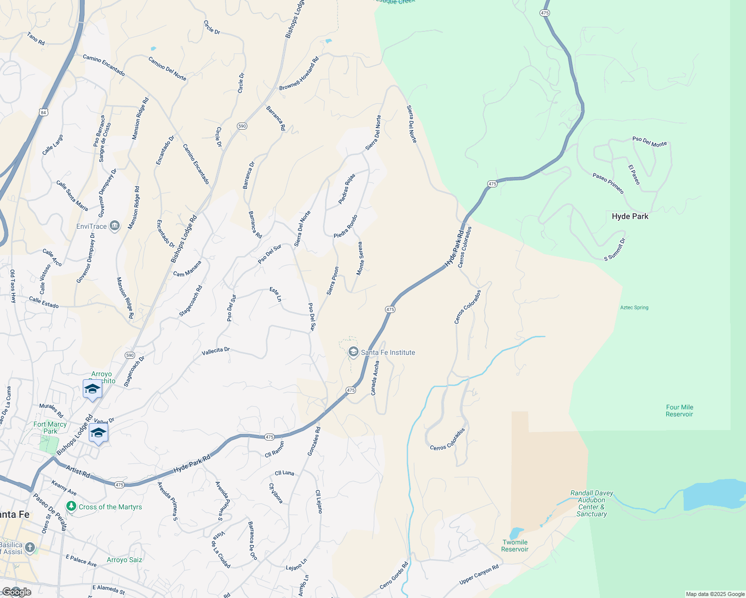 map of restaurants, bars, coffee shops, grocery stores, and more near 1009 Monte Verde in Santa Fe