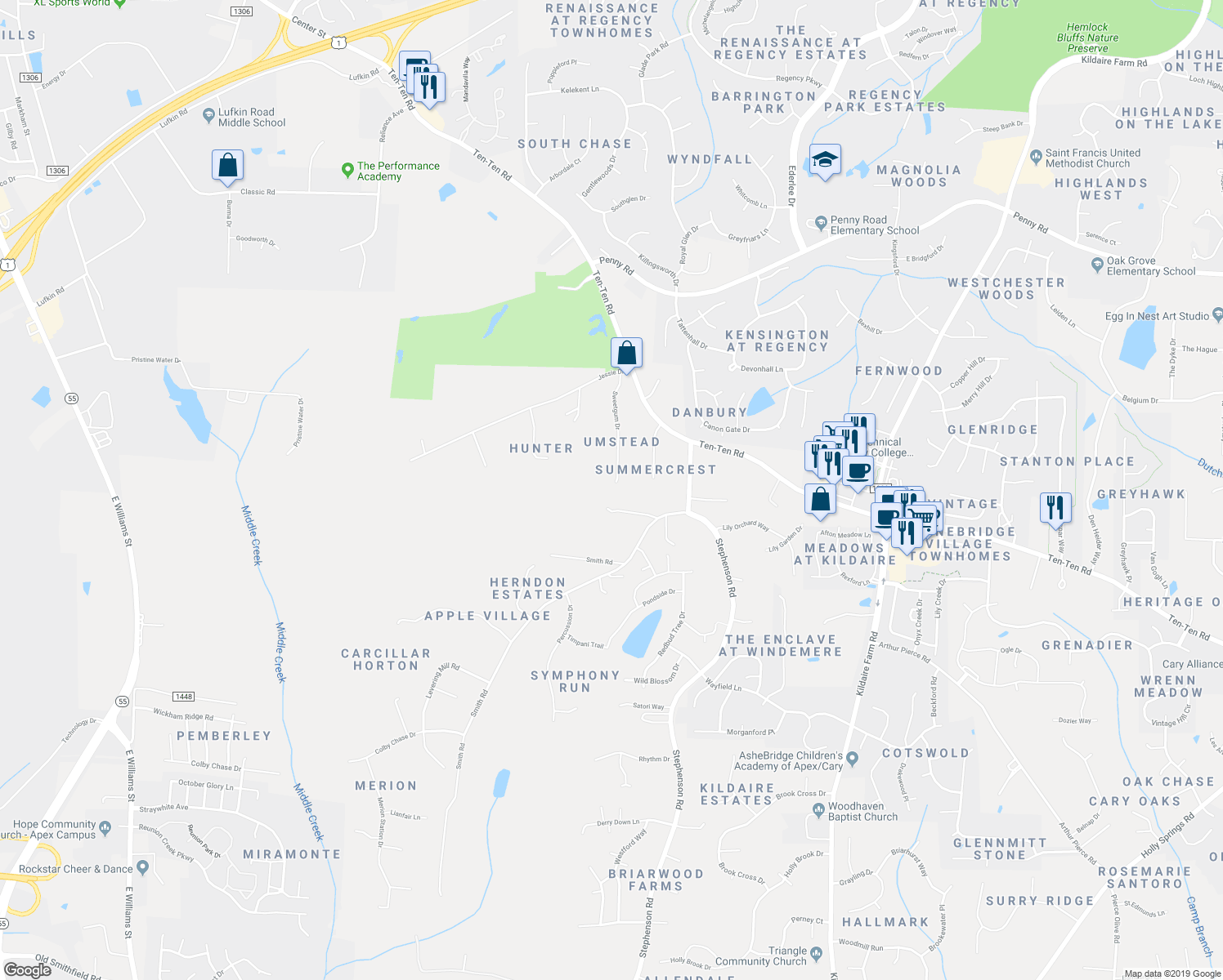 map of restaurants, bars, coffee shops, grocery stores, and more near 2628 Sweetgum Drive in Apex