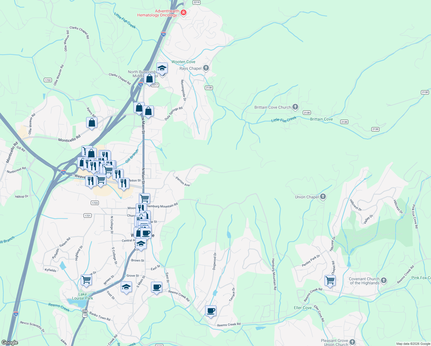 map of restaurants, bars, coffee shops, grocery stores, and more near 5 Longstreet Court in Weaverville