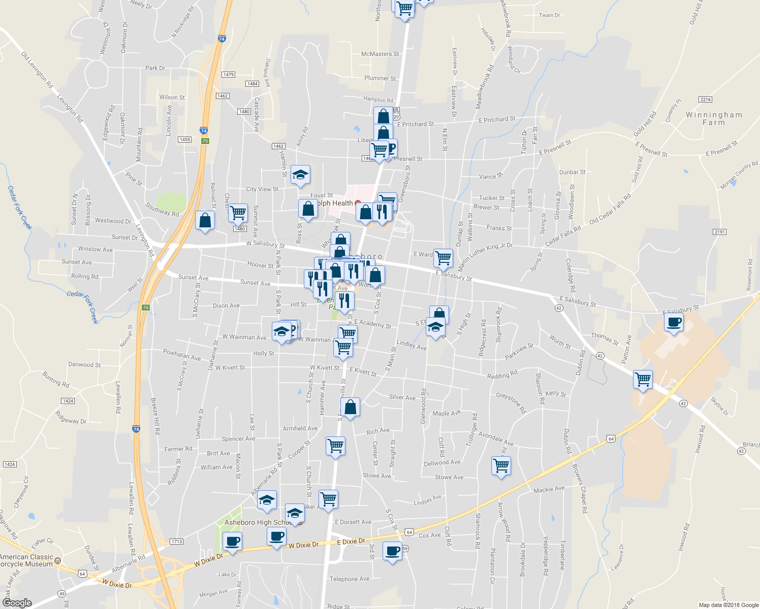 map of restaurants, bars, coffee shops, grocery stores, and more near 149 South Cox Street in Asheboro