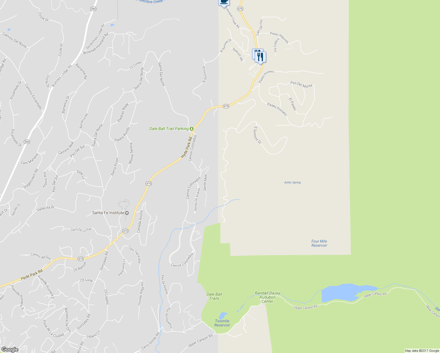 map of restaurants, bars, coffee shops, grocery stores, and more near 1076 South Summit Ridge in Santa Fe