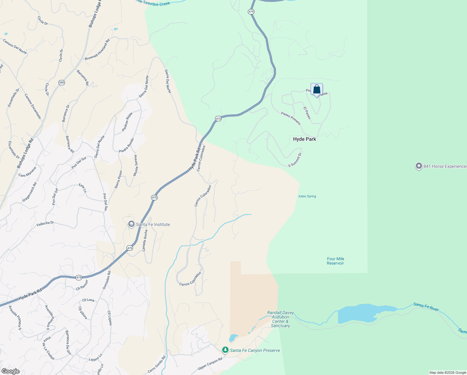 map of restaurants, bars, coffee shops, grocery stores, and more near 2605 South Summit Ridge in Santa Fe