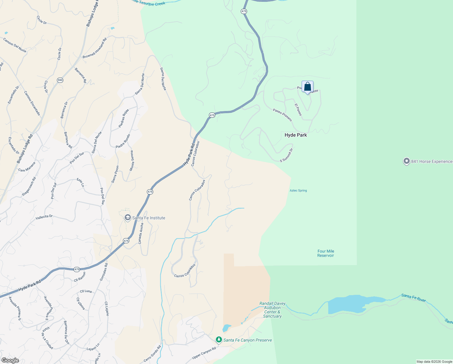 map of restaurants, bars, coffee shops, grocery stores, and more near 2605 South Summit Ridge in Santa Fe