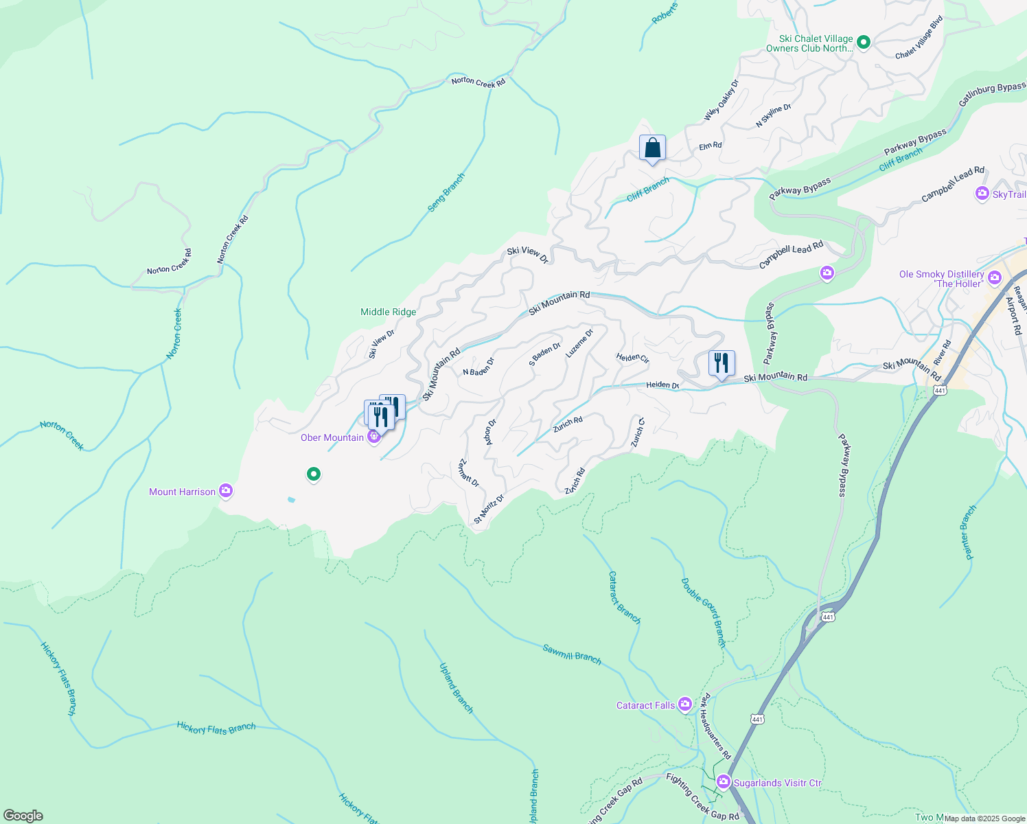 map of restaurants, bars, coffee shops, grocery stores, and more near 2119 North Tamins Drive in Gatlinburg
