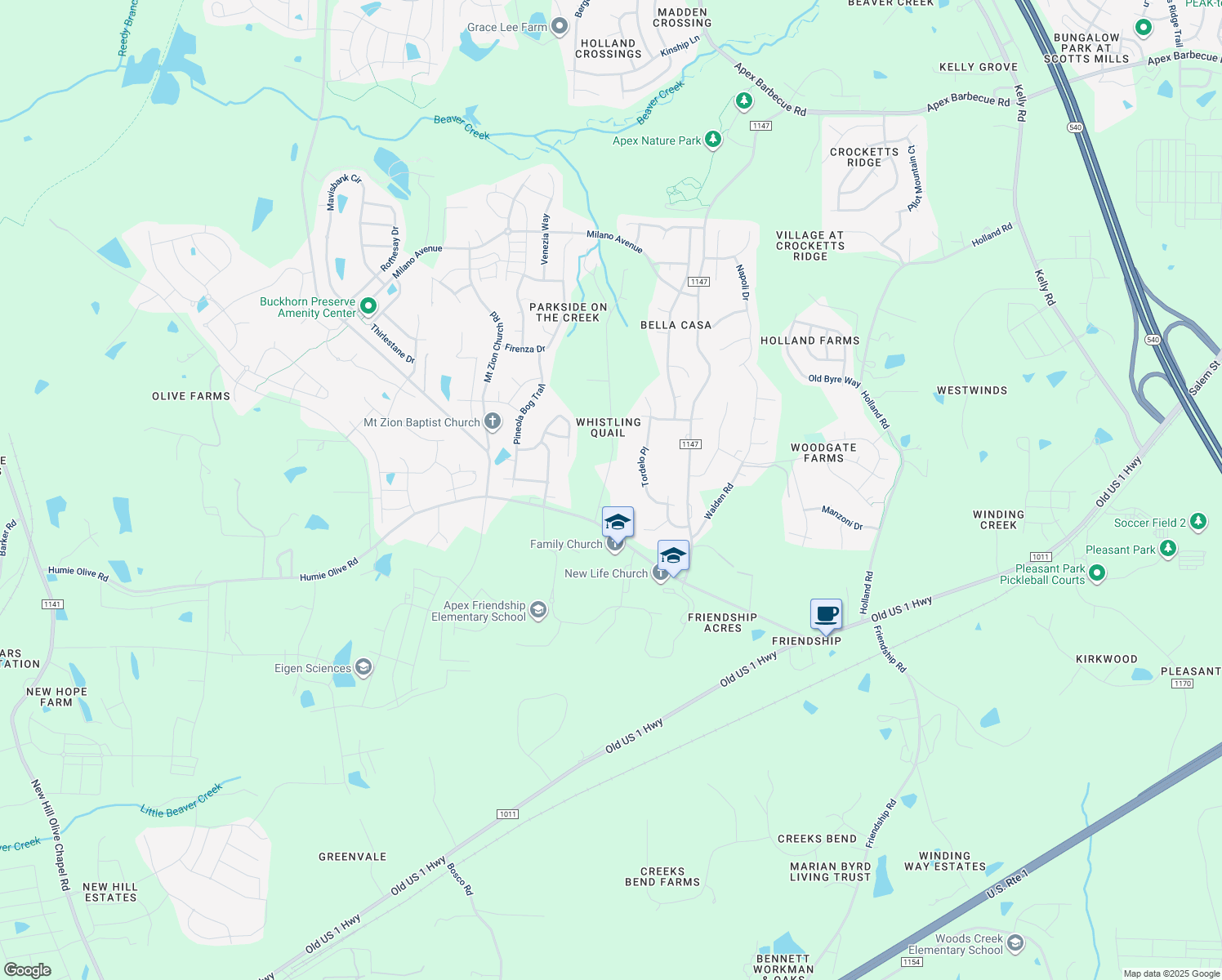 map of restaurants, bars, coffee shops, grocery stores, and more near 2721 Whistling Quail Run in Apex