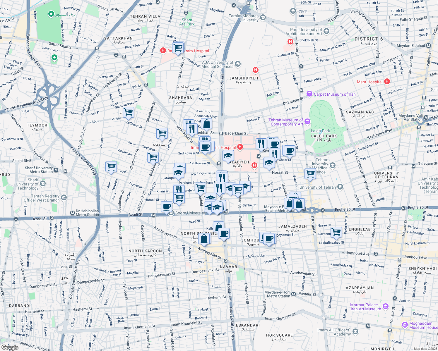 map of restaurants, bars, coffee shops, grocery stores, and more near Tohid Tunnel in Tehran