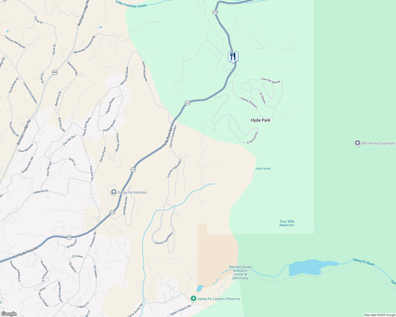 map of restaurants, bars, coffee shops, grocery stores, and more near 1076 South Summit Ridge in Santa Fe