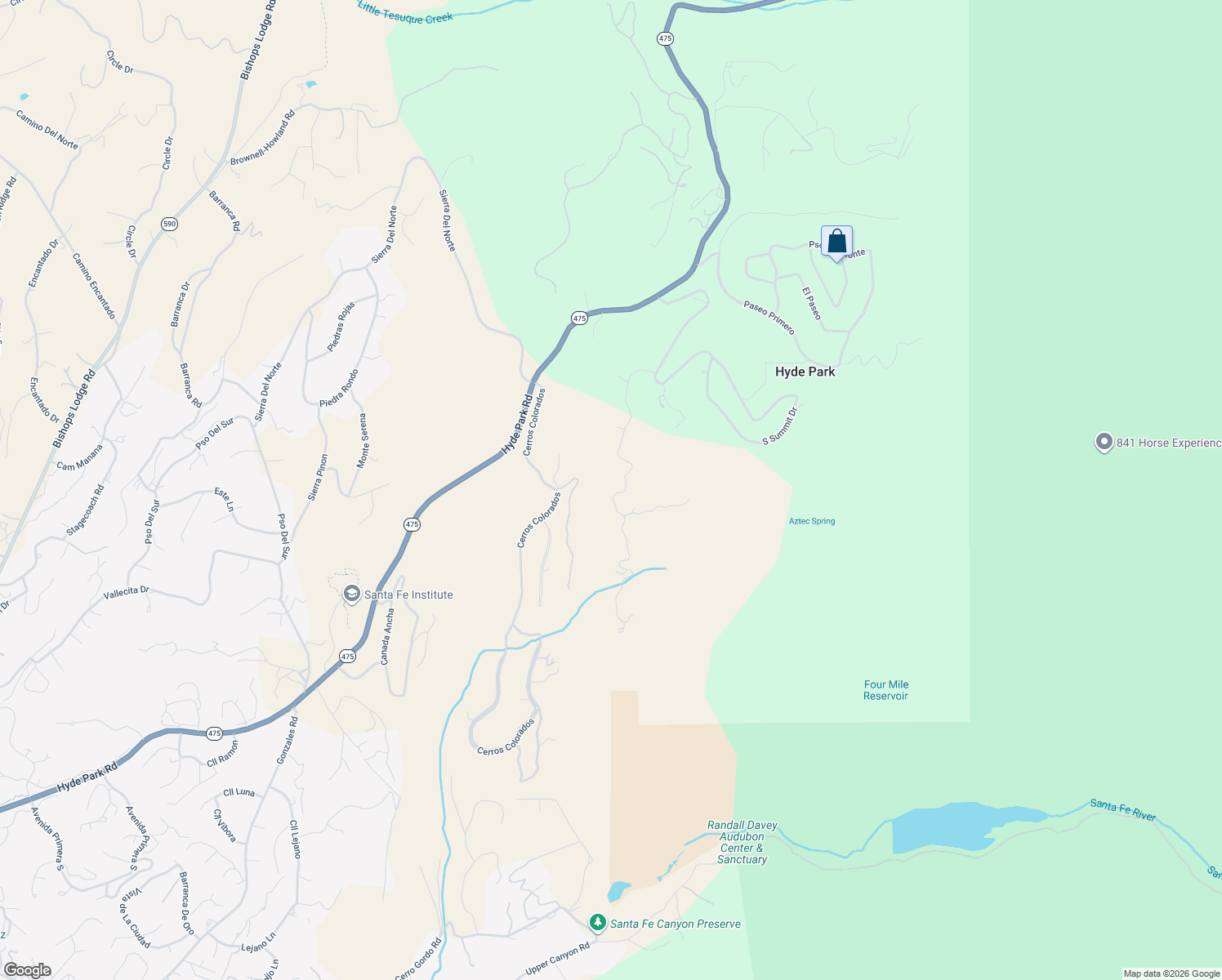 map of restaurants, bars, coffee shops, grocery stores, and more near 1076 South Summit Ridge in Santa Fe