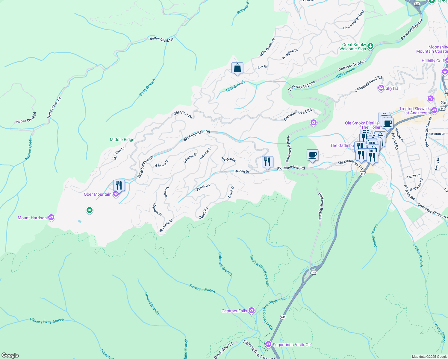 map of restaurants, bars, coffee shops, grocery stores, and more near 741 Heiden Drive in Gatlinburg
