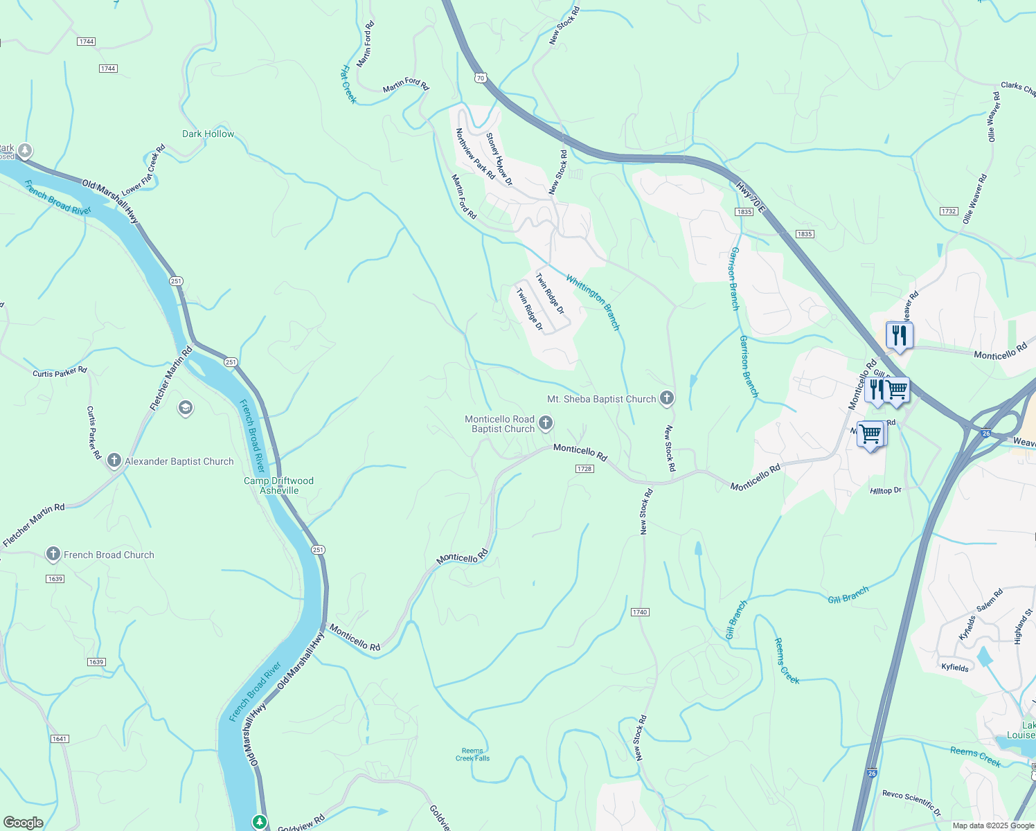 map of restaurants, bars, coffee shops, grocery stores, and more near 46 Spicewood Road in Weaverville