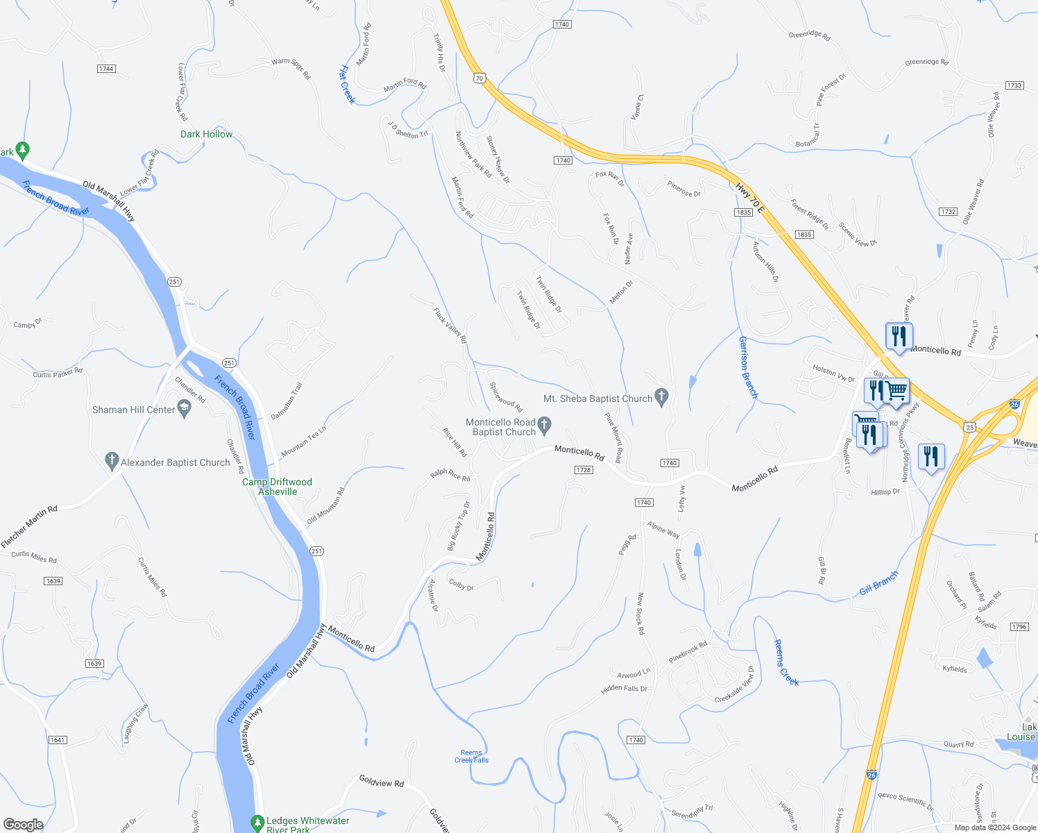 map of restaurants, bars, coffee shops, grocery stores, and more near 28 Spicewood Road in Weaverville
