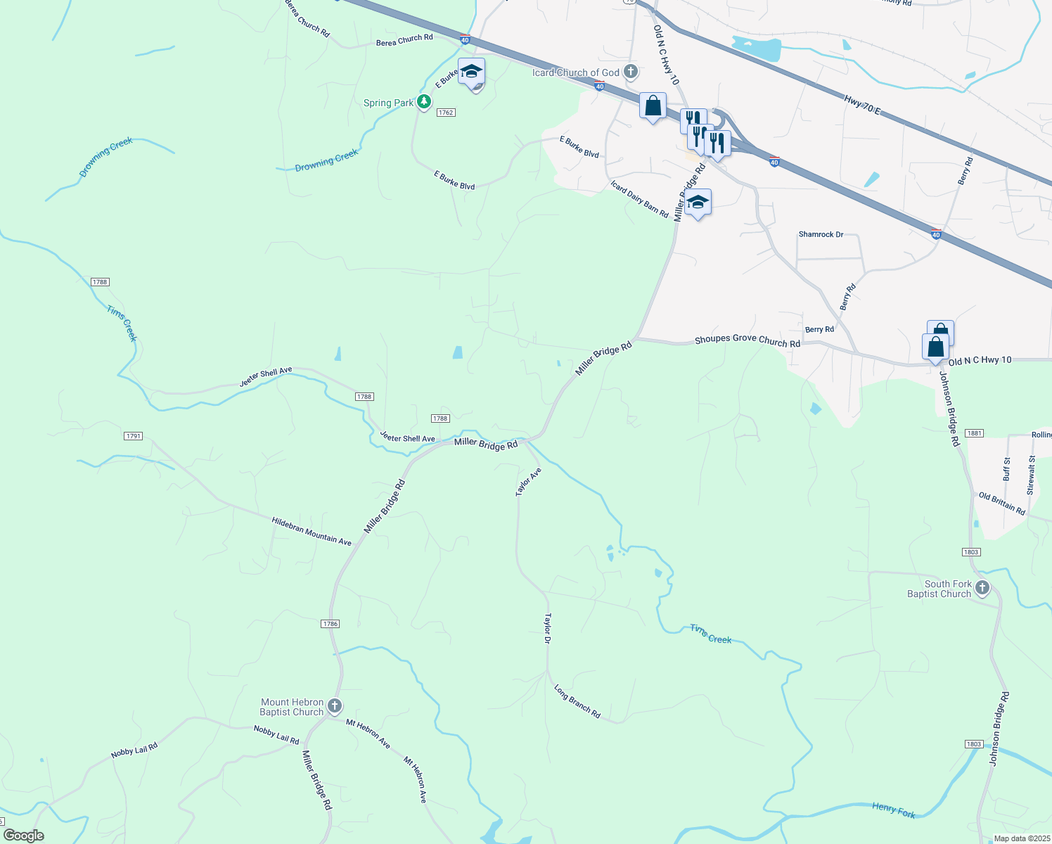 map of restaurants, bars, coffee shops, grocery stores, and more near 4018 Miller Bridge Road in Connelly Springs