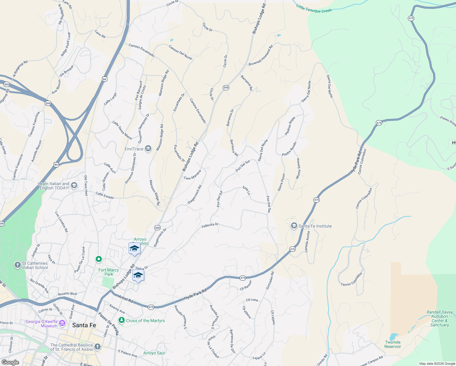 map of restaurants, bars, coffee shops, grocery stores, and more near 957 Paseo Del Sur in Santa Fe